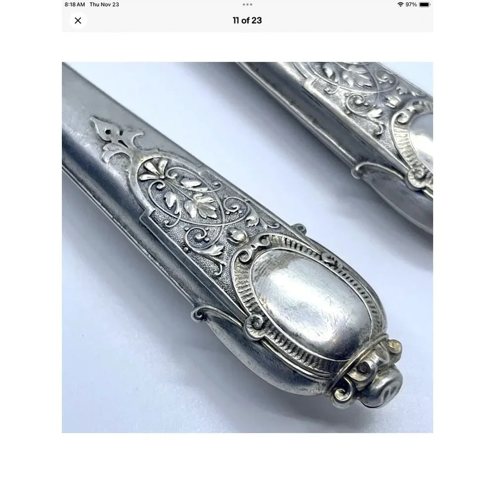 Rare Antq Ornate Motif Fish Dining Serving Set Silver Parcel Gilt Cutlery HTF